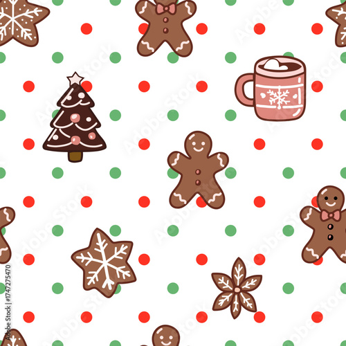 Seamless Christmas pattern with gingerbread cookies, cocoa mugs, snowflakes, and Christmas trees perfect for festive wrapping paper, textiles, digital backgrounds, and holiday decor