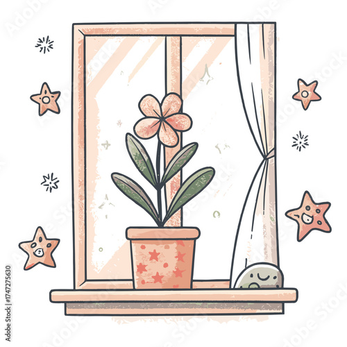 Potted plant with flower on windowsill by curtains and stars  
