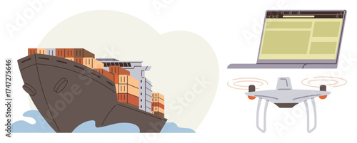 Cargo ship loaded with containers crossing the sea, laptop displaying digital interface, and quadcopter for aerial surveillance. Ideal for global trade, shipment, logistics, technology, innovation