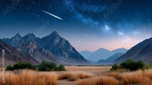 Meteor streaking across starry night sky over mountains