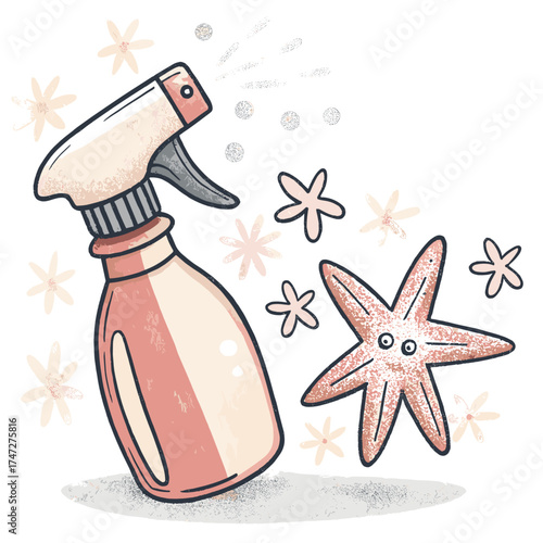Cleaning spray bottle with starfish and floral background concept of icon  