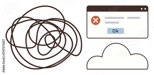 Tangled chaotic lines beside a browser error notification and a cloud, symbolizing technical issues, problem-solving, internet errors, user confusion, online communication, cloud storage challenges