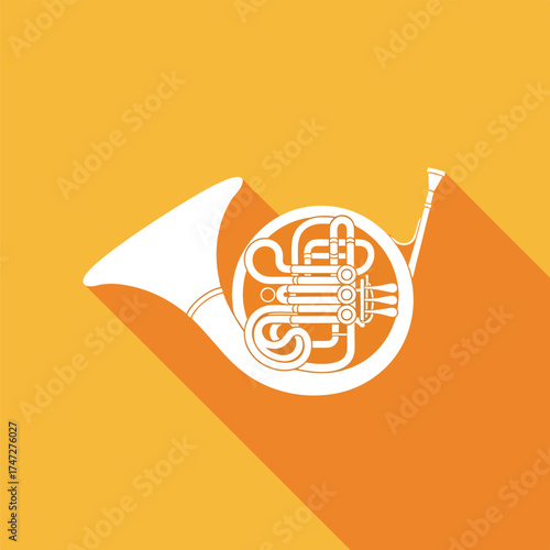 Flat design white french horn icon with long shadow - Logo vector icon stock illustration - Flat Design Icon