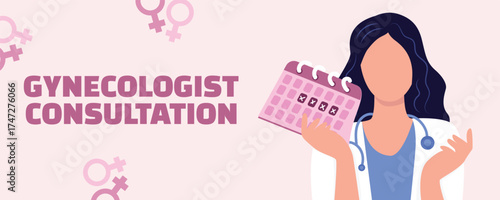 Vector banner featuring a gynecologist consultation, with the female doctor holding a menstrual calendar. Women’s health, gynecology, reproductive system concept