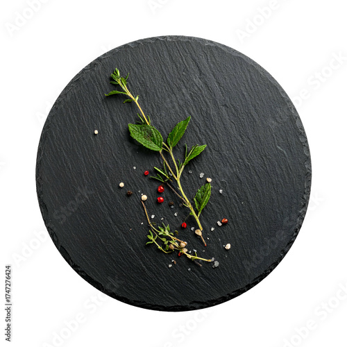 Fresh herbs & peppercorns artfully arranged on a dark circular textured surface