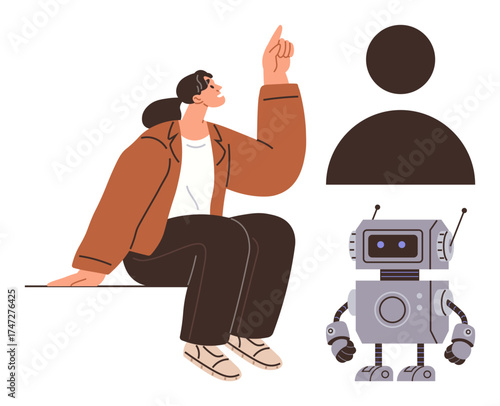 Woman seated and pointing upwards, robot with square head and antennas, and abstract user profile symbol. Ideal for innovation, robotics, user identity, teamwork, AI, creativity and technology