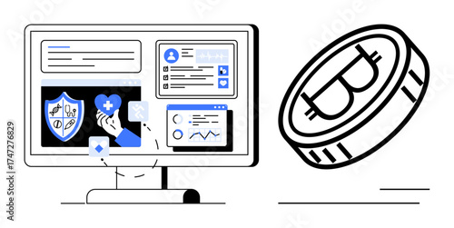 Monitor displaying healthcare analytics, blockchain security visuals alongside a digital coin. Ideal for healthcare, blockchain, finance, technology integration, innovation, virtual economy
