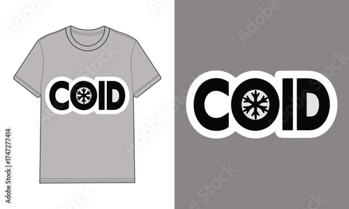 Gray t shirt with text C O I D snowflake graphic clothing apparel
