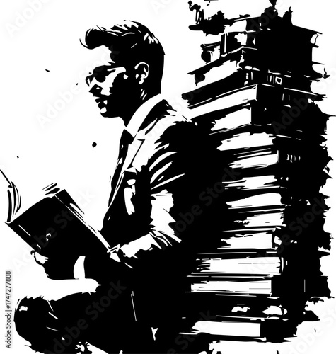 A man kept reading a book with a background full of books.