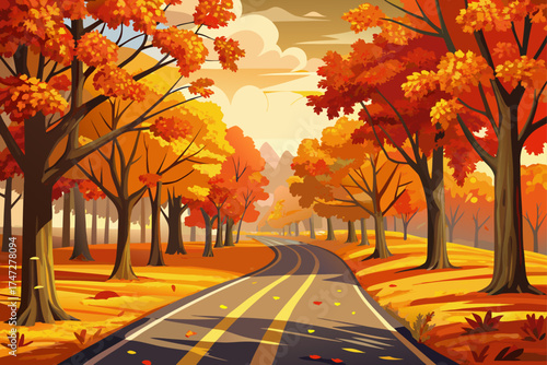 vector of Beautiful autumn scenery of trees with orange and red leaves covering the road