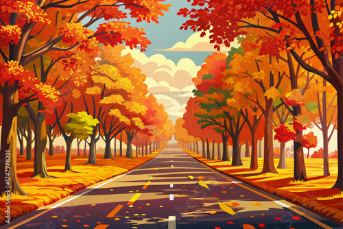 vector of Beautiful autumn scenery of trees with orange and red leaves covering the road