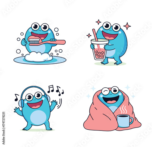 Adorable Blue Frog Character Daily Routine Stickers