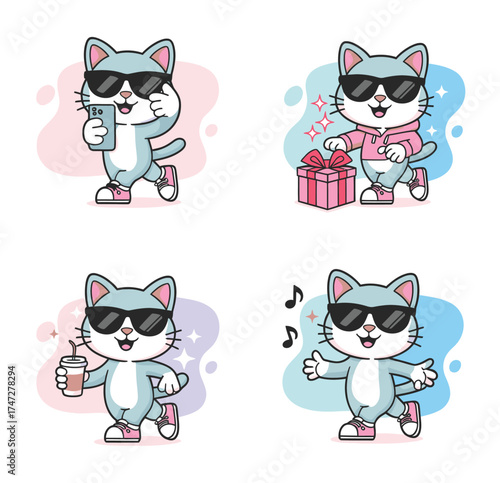 Cool Cartoon Cat Characters with Sunglasses in Various Poses