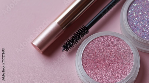 Flat lay beauty shot featuring classic makeup products