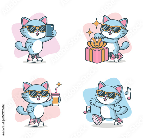 Cute Cat Character Set Selfie, Gift, Coffee, and Dance