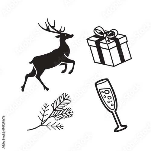 Christmas holiday icons festive celebration elements including reindeer gift box and champagne isolated on transparent background