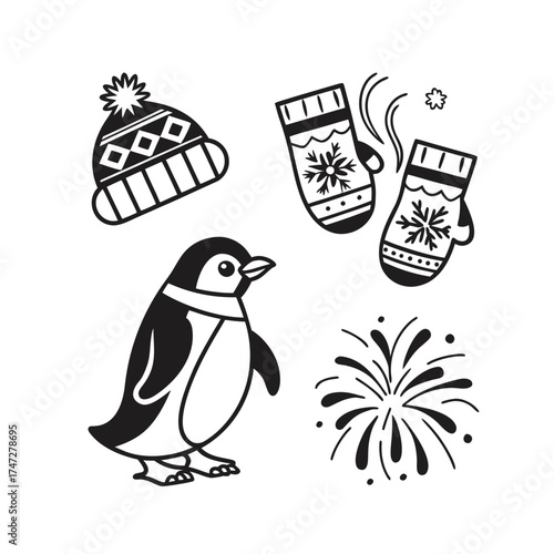 Christmas themed icons set featuring penguin mittens stocking hat and starburst isolated on transparent background