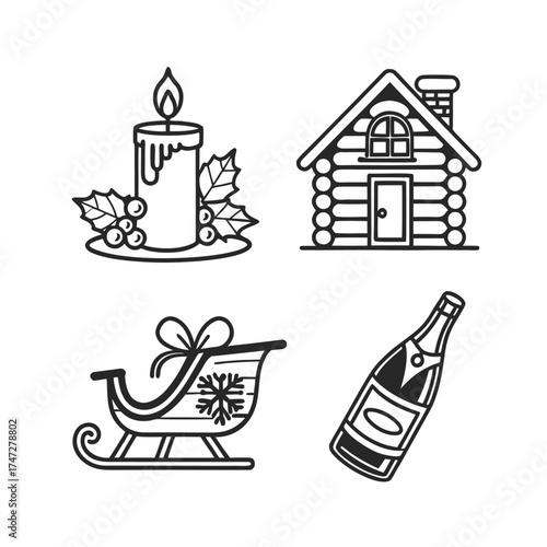 Festive holiday icons set candle gingerbread house sleigh champagne bottle line art isolated on transparent background