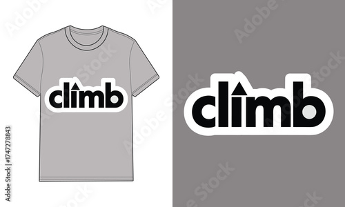 Gray t shirt with text logo that says climb with mountain icon clothing apparel