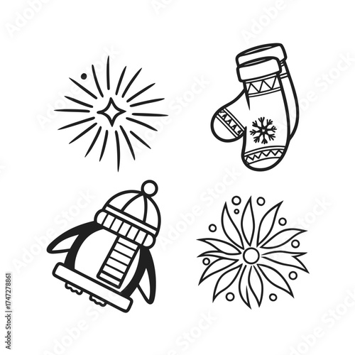Four black and white outline icons fireworks celebration robot and boxing glove isolated on transparent background