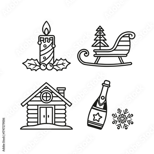 Rustic scene icons cabin candle sleigh drink and forest elements collection isolated on transparent background