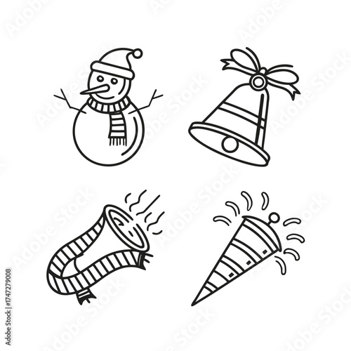Festive christmas icons set snowman bell presents and carrot for holiday design isolated on transparent background