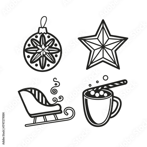 Christmas holiday icons featuring ornament star sleigh and hot cocoa cup decorative elements isolated on transparent background