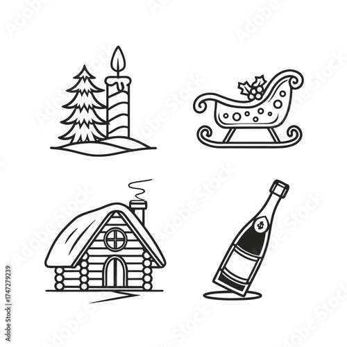 Set of four christmas icons tree candle cabin sleigh and champagne bottle outline isolated on transparent background
