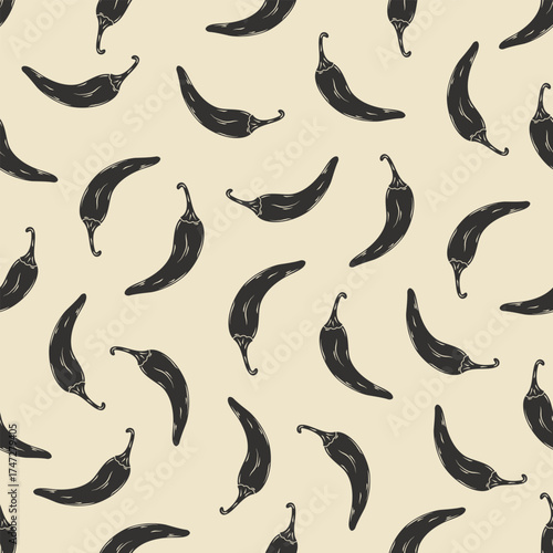 Seamless pattern of hand-drawn chili peppers on a light background.