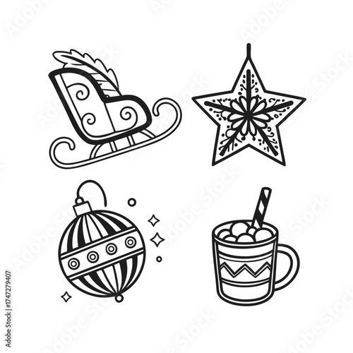 Christmas icons set decorative outline graphics for festive season design elements isolated on transparent background