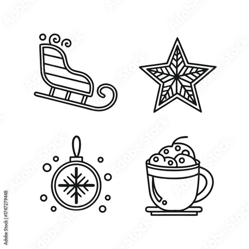 Four festive christmas icons in simple outline style for holiday design isolated on transparent background