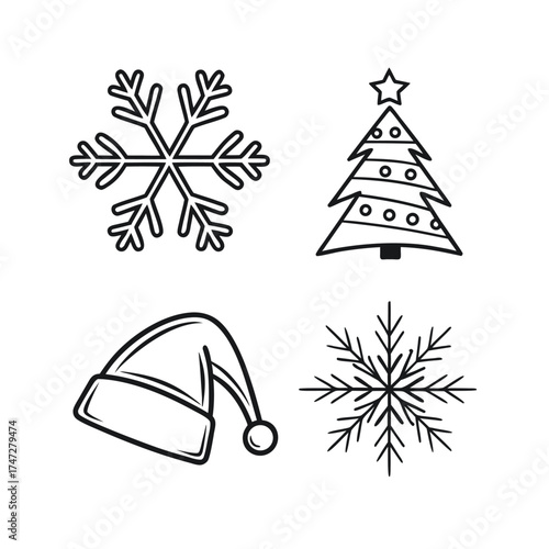 Winter holiday icons snowflake christmas tree santa hat decorative elements collection isolated on transparent background