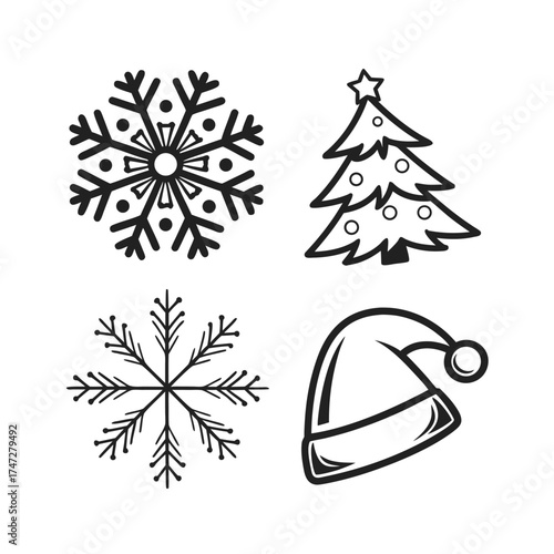 Festive winter holiday icons snowflake christmas tree santa hat set silhouette elements isolated on transparent background