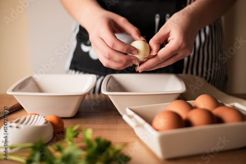 Tablou pe pânză A woman holds in her hands a hard boiled egg from which she is removing the shell