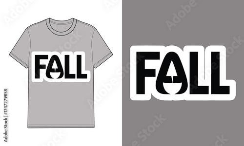 Gray t shirt with typography spelling fall with tree trunk l text