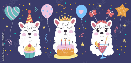 Happy birthday card with cute cartoon llama stickers. Birthday party vector illustration for greeting card