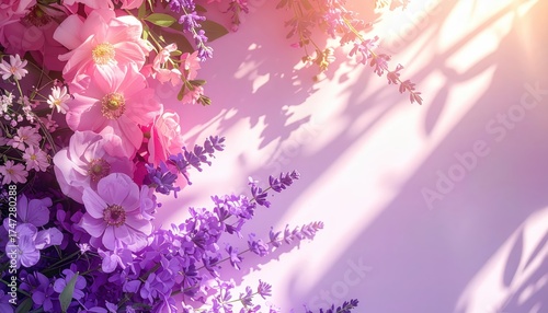 Delicate arrangement showcasing an array of beautiful blossoms including pink anemones, lavender and other delicate flowers, casting soft shadows with warm lighting across a soft, pastel colored...