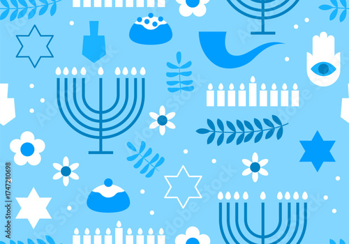 Hanukkah seamless pattern. Jewish seamless pattern with flowers and star of David. Hanukkah background