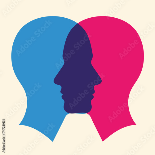 Two heads silhouette intersecting symbolizing connection - Logo vector icon stock illustration - Flat Design Icon