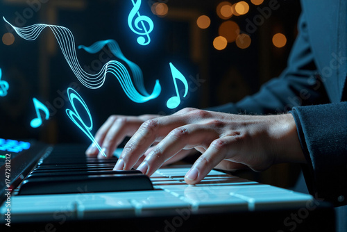 Hands playing a piano with magical glowing blue musical notes floating in the air creating an abstract and creative music concept