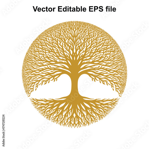 Vector art of golden tree of life with intricate branches and roots
