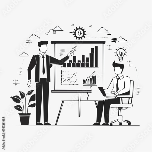 International business vector, startup businessman do presentation of board best idea and solution of project problems, teamwork and increase in profits. For business website or app slider flat style