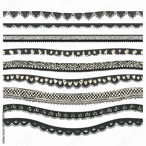Set of wide lace ribbons with print. Black design elements isolated on white background. Seamless pattern for creating style of card with ornaments. Lace decoration template, ribbons for design