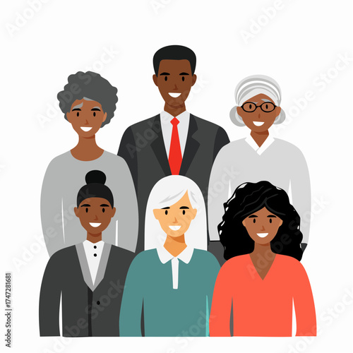 International group of people, old and young, with different social status, isolated on white. Generations man and woman. Stages of development people - youth, maturity, old age. Collective portrait