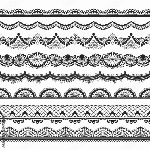 Set of wide lace ribbons with print. Black design elements isolated on white background. Seamless pattern for creating style of card with ornaments. Lace decoration template, ribbons for design
