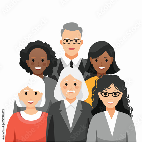 International group of people, old and young, with different social status, isolated on white. Generations man and woman. Stages of development people - youth, maturity, old age. Collective portrait