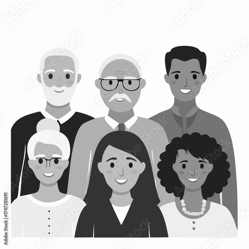 International group of people, old and young, with different social status, isolated on white. Generations man and woman. Stages of development people - youth, maturity, old age. Collective portrait