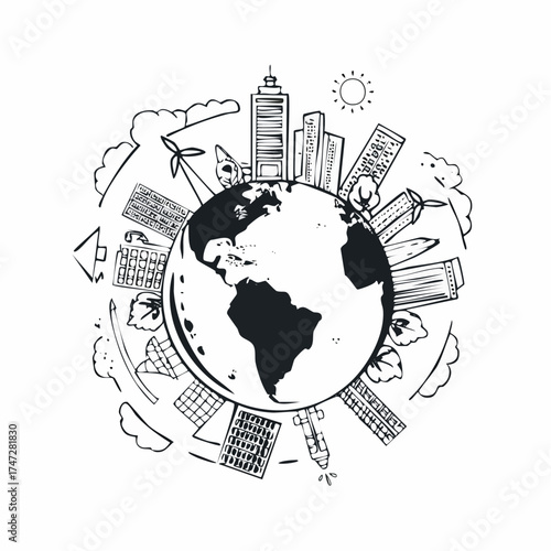 Change climate concept. Vector of climate change and saving the planet, World Environment Day, bio technology, a city on planet. Recycling waste, growing plants and choosing renewable resources