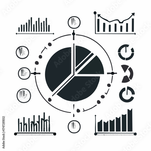 Infographics and flowcharts, pie diagrams set vector. Schemes with visualized data on projects, results and statistics. Rising and falling scales