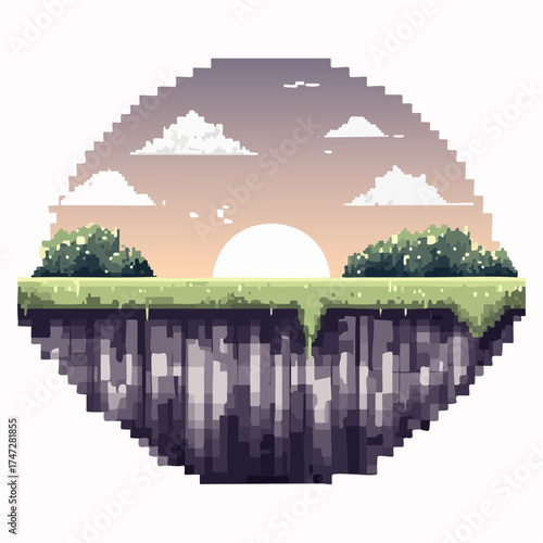 Nobody interface of pixel game platform, evening and sunset view, cloudy sky and green grass with bushes, adventure and level, computer graphic vector, pixelated nature for mobile app games